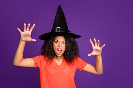 Photo of scary terrible spooky frightful warlock wearing conical cap casting spell to curse you with...