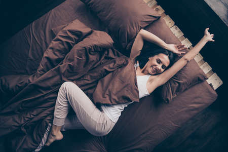 Top above high angle view portrait of her she nice-looking attractive lovely charming cheerful...