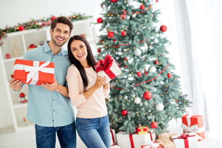 Portrait of two enthusiastic people having brunette hair hold gifts packages enjoy christmas time follow x-mas tradition in house indoorsの写真素材