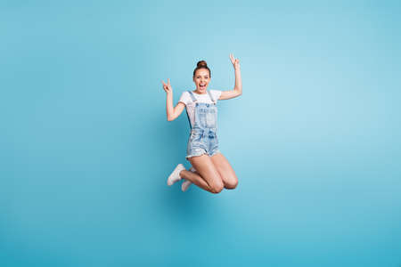 Full length body size photo of overjoyed enjoying nice cute girlfriend showing you v-sign while...