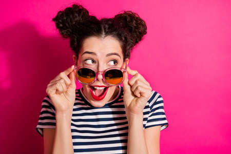 Close-up portrait of her she nice attractive glamorous lovely cheerful, cheery girl touching specs...