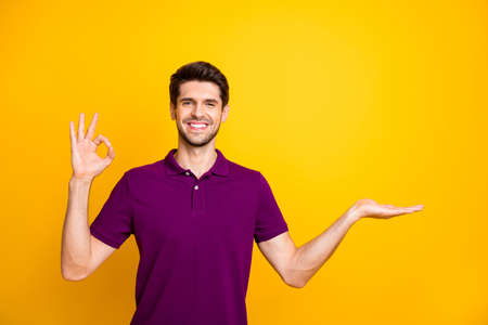 Portrait of his he nice attractive content cheerful cheery glad guy wearing lilac shirt holding copy...