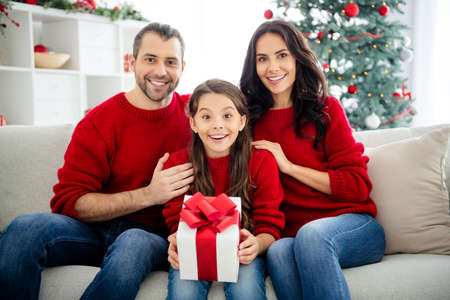Portrait of three nice attractive lovely delighted positive cheerful cheery glad family mommy daddy...