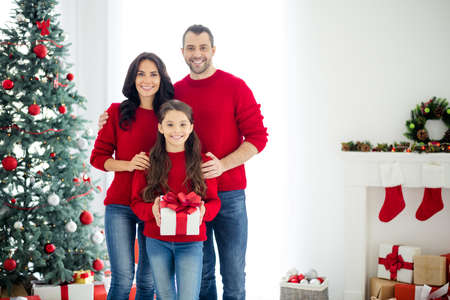 Portrait of charming mom dad and their kid hold gift package enjoy christmas time x-mas holidays near fireplace in house with newyear decoration socks wreath indoorsの写真素材