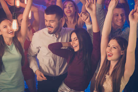 Top above high angle photo of positive cheerful group of people buddies have friday start of...