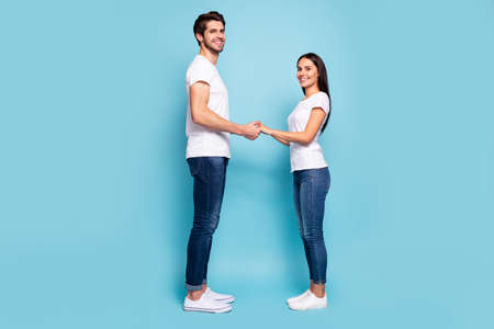 Full length body size profile side view of his he her she nice attractive lovely pretty careful...