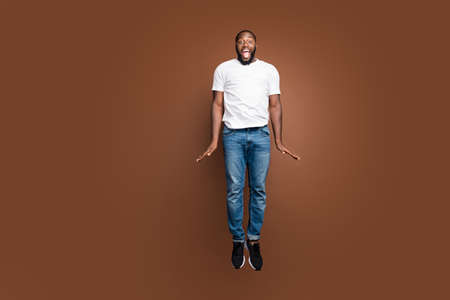 Full length body size view of his he nice attractive cheerful cheery crazy childish bearded guy...