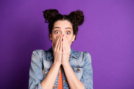 Its incredible. Close up photo of astonished girl hear wonderful novelty impressed cant say a word...