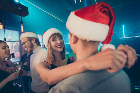 Closeup photo of party best friends two people having slow dance romance moment newyear night wear...