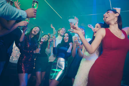 Discotheque event free time having recreation birthday day concept. Photo of excited crazy cheerful...