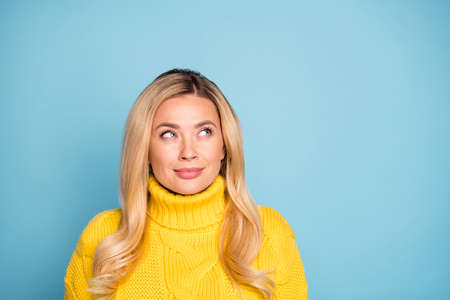 Closeup photo of amazing pretty blond lady looking wondered empty space have crazy idea wear warm...