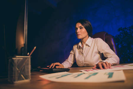Portrait of nice attractive stylish skilled lady top manager preparing report money salary currency ratio result interest invest analyzing economy audit account at night dark work place stationの写真素材