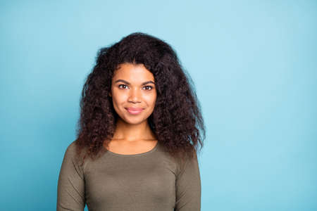 Portrait of lovely charming dark skin girl have fun listen stare at her friends good-looking person...