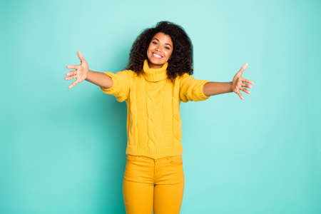 Photo of amazing dark skin lady with open arms waiting best friend coming for hugging wear yellow...