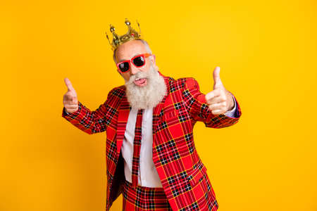 I choose you. Photo of modern look grandpa with white beard indicating fingers to camera, wear plaid...