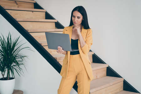 Portrait of nice attractive charming trendy concentrated focused smart lady using laptop searching new real estate service start-up booking hotel in modern style light white interior flat apartmentの写真素材