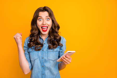 Photo of curly wavy casual cute nice sweet pretty girl expressing positive emotions with faace...