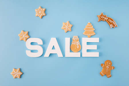 High angle view photo of x-mas sale low prices announce billboard made with baked biscuits little figures creative falling star decor isolated blue color backgroundの写真素材
