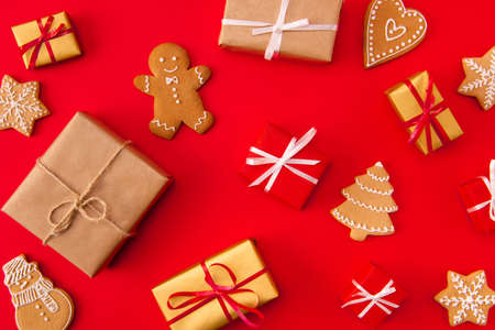 High angle above view photo of surprise holiday newyear biscuits cookies gifts congrats decor...