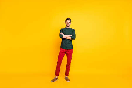 Full length body size photo of serious confident smart intelligent candid ceo standing pensively...
