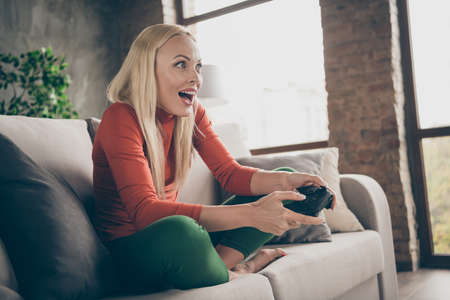 Closeup profile photo of pretty funny lady hold gamepad console joystick addicted gamer excited open...