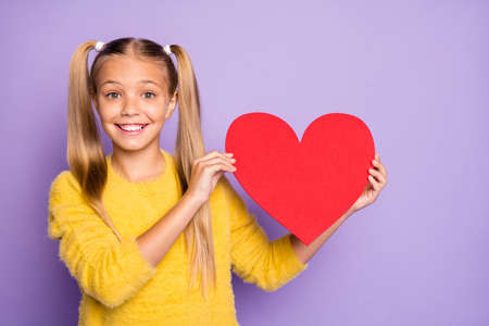 Portrait of funny funky kid enjoy valentine day holidays hold red big paper card heart she get wear...