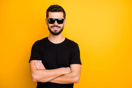 Portrait of positive cheerful guy cross hands real freelancer entrepreneur enjoy rest relax wear good looking outfit black friday isolated over vibrant color backgroundの写真素材