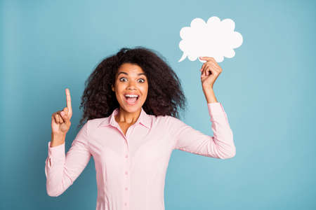 I have great idea. Photo of funny pretty dark skin model lady holding paper cloud mind thinking over...