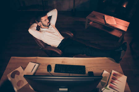 Top above high angle photo of thoughtful pondering businessman worried about financial circumstances...