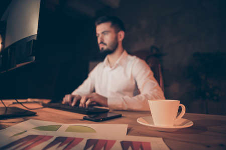 Profile side photo of concentrated collar worker sit table work on computer finish presentation read...