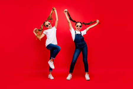 Full size photo of funky crazy girlfriends stand rest relax on summer holidays scream shout hold...