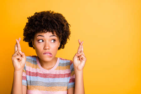 Close up photo of casual curly wavy model in anticipation of terrible exams upcoming birting lips...