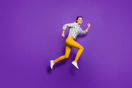 Full length profile photo of crazy beautiful lady jumping high rushing discount prices shopping wear...
