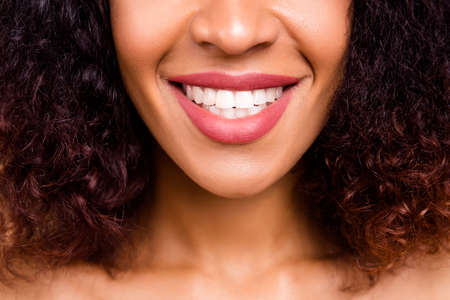 Cropped close up photo beautiful she her dark skin model lady fluffy hairstyle enjoy new perfect big...