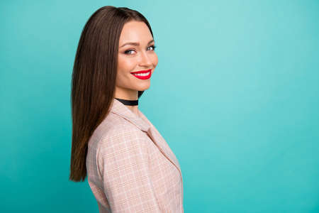 Close-up profile side view of her she nice-looking pretty attractive lovely gorgeous cheerful cheery...