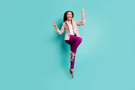 Full length body size view of her she nice-looking attractive cheerful cheery girl jumping having...
