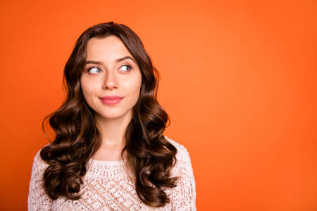 Portrait of interested girl think thoughts about her weekends look copy space wear knitted blouse...