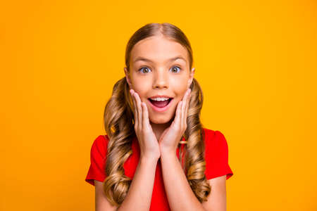 Photo of crazy funny little lady school girl holding arms on cheekbones listen unbelievable good...