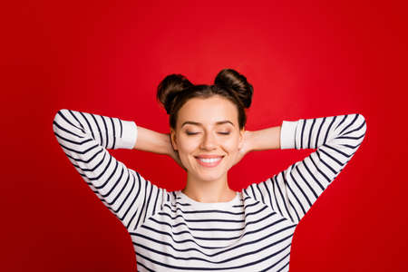 Low angle view photo of cheerful calm quiet girl have free time lie dream sleep enjoy weekends wear...