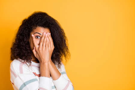 Close-up portrait of her she nice attractive lovely funny girlish wavy-haired girl hiding face in...
