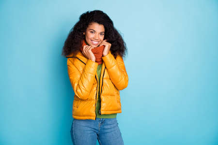 Photo of beautiful dark skin wavy lady good autumn weather outside walk traveler wear trendy yellow...