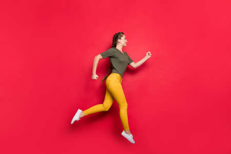 Full size profile photo of millennial lady jumping high sports competition marathon participant...