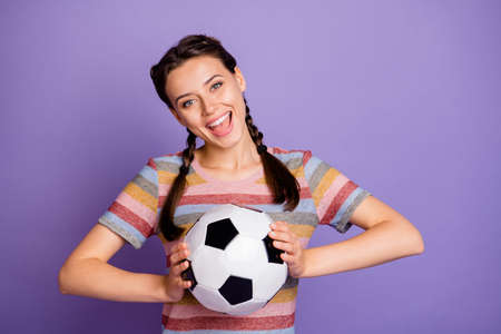 Close-up portrait of her she nice attractive lovely pretty cheerful cheery glad girl holding in...