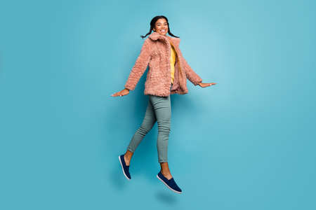 Full length body size view of nice attractive lovely pretty trendy fashionable cheerful cheery girl...