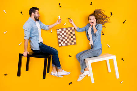 Top view above high angle flat lay flatlay lie view concept of her she his he nice cheerful cheery...