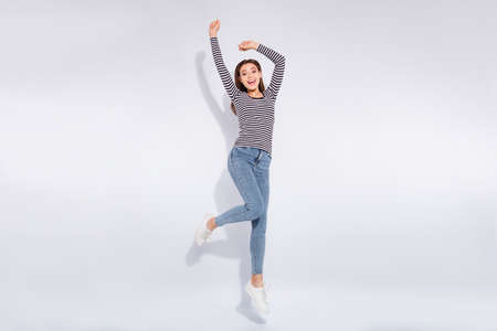 Full length body size view of her she nice attractive charming lovely cheerful cheery carefree...