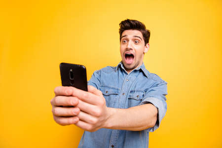 Photo of stylish trendy brunet cheerful man crazy about having noticed interested thing...