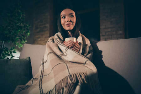 Photo of cute domestic pretty lady homey mood relaxing comfy couch hold hot beverage mug dreamer preparing to night sleep covered warm blanket dark living room indoorsの写真素材