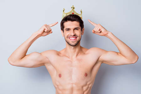 Look I sport king. Handsome macho strong guy wear golden crown he win weightlifting sporty...