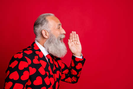 Close-up profile side view portrait of his he nice attractive cheerful cheery bearded gray-haired man saying good news advice ad advert isolated on bright vivid shine vibrant red color backgroundの写真素材